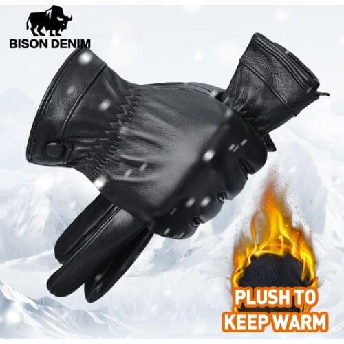 BISON DENIM Mens Sheepskin Leather Gloves Black Riveted Warm Mittens Touch Screen Winter Quality Male Warm Fluff Gloves S002