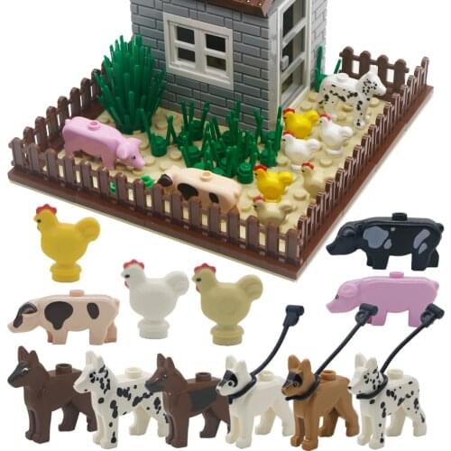 MOC Bricks Pig Hen Chicken Pink Police Dog Figure Mushroom Building Blocks Printed MOC Brick Friends Accessories Assemble Toy