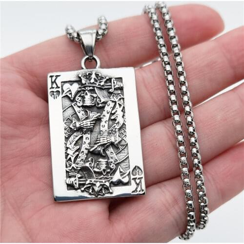 Mens Skull Lucky King Poker Card Pendant Necklace Stainless Steel Chain