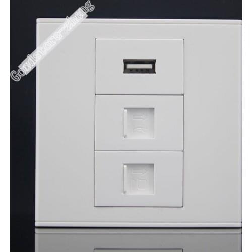 Wall Socket Plate 3 Ports Network RJ45 Cat5e & RJ11 Telephone Phone & USB Port Panel Faceplate Outlet 86*86mm Home Wholesale Lot
