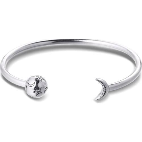 Exclusive Moon & Stars Open Bangle Authentic 925 Silver Bracelets For DIY Woman Fashion Bracelets For Jewelry Making