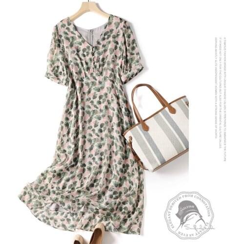 Oil Painting Texture looks Thin V-neck Short Sleeve Printed Mulberry Silk Dress new Summer Women long slim skirt lady one-piece