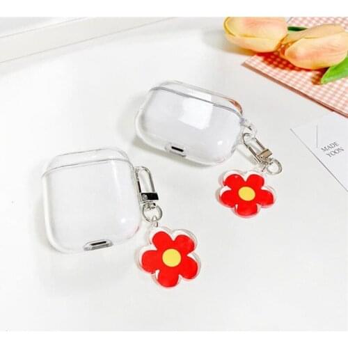 Simple Cute Clear TPU Soft Earphone Case For AirPods 1 2 3 Pro Wireless Bluetooth Headset Cover With Retro Red Flower Keychain
