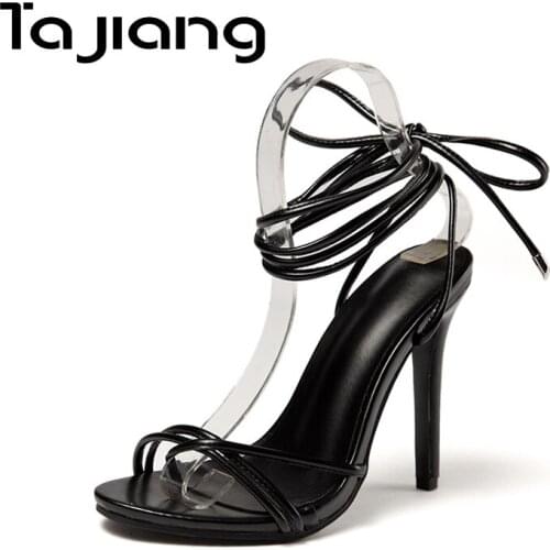 Ta Jiang Sexy Open Toe Women High Heels Summer Gladiator Sandals Classic Black Ladies Dress Thin Heels Narrow Band Shoes Woman