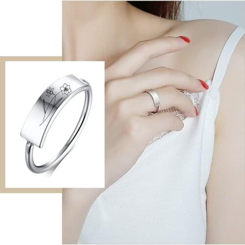 Chic Rectangle Signet Ring for Women Personalized Birth Flower Stamp Band Stainless Steel Jewelry Custom Initial Xmas Gifts