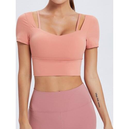 Sport Tops Women Fitness Jersey Gym Short Sleeve Yoga Crop Tops Off Shoulder Running Workout T-shirt Breathable Chest Pad