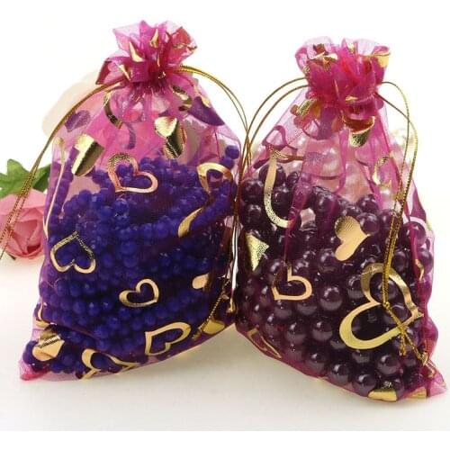 Deep Pink Heart Brozning Popular Organza Jewelry Gift Bags Tea Packaging Wedding Favors Tulle Bags 9x12cm 100pcs/lot
