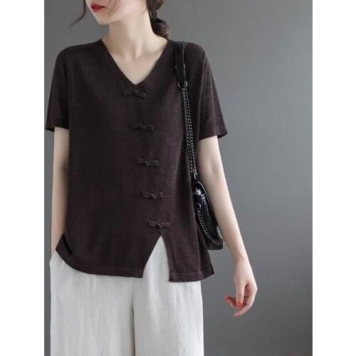 Traditional Chinese Tops Summer Cheongsam Top V-Neck Short Sleeve T-Shirt Casual Knitted Chinese Style Clothing Women 11468
