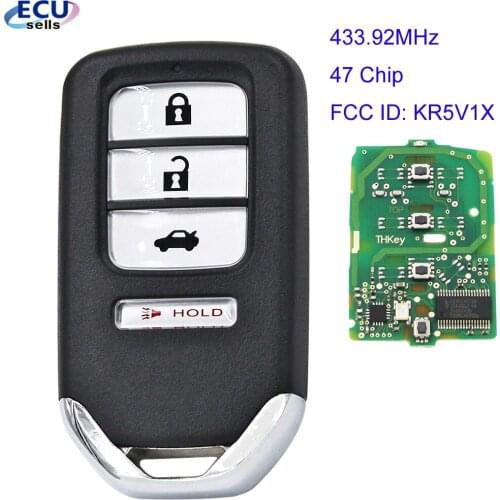 3+1 Button Smart Remote Key FSK433.92MHz 47 Chip For Honda Acura MDX RDX ILX TLX Civic Accord 2014 - 2019 FCC ID: KR5V1X