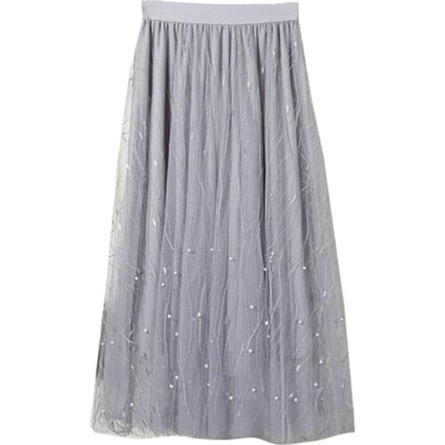 PERHAPS U Gray Apricot Black White A Line Mesh Lace Beading Solid Long Midi Skirt Empire S0189