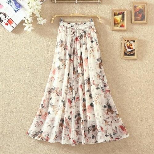 Summer Lace Up A-line Floral Skirt Women Sweet Thin Chiffon Skirt Women Long Bohemian Beach Skirts Femme