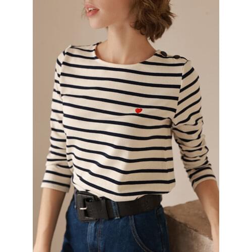 Heart Embroidered Striped Tshirts Autumn Women Long Sleeve Round Collar Organic Cotton T-Shirt Vintage Casual Female Tee Shirts