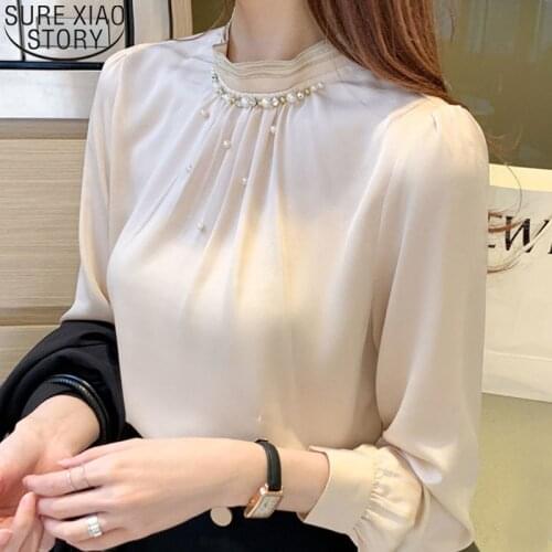 Mujer De Moda 2021 Beading Stand Collar Chiffon Blouse New Autumn Long Sleeve Blouse Women Blusas Shirt Top Women Clothes 16229