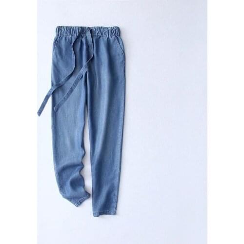 2021 new spring summer woman denim long pants fshion casual pencil pants high waist drawstring jeans trouser