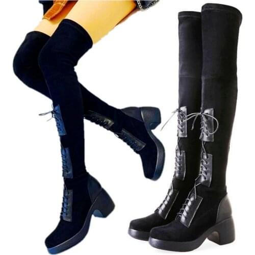 Punk Goth Thigh High Boots Women Stretchy Over the Knee Booties Round Toe Party Pumps Slim Leg High Heels 34 -40