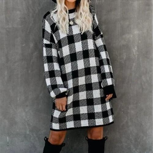 Women Casual Holiday Slim Long Jumper Knitwear Checker Sweaters 2021 Plaid Vintage Autumn Winter Sweater Dresses Street Clothes
