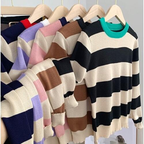 Spring New Korean Color Matching Stripe Slim Long Sleeve Knitted Top Womens Loose Sweater