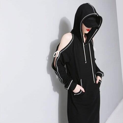 Spring and Autumn Women Solid Long Hoodie Dress Ladies Hollow Out Sleeve Sweatshirt Cotton Hip Hop Pullover Oversize