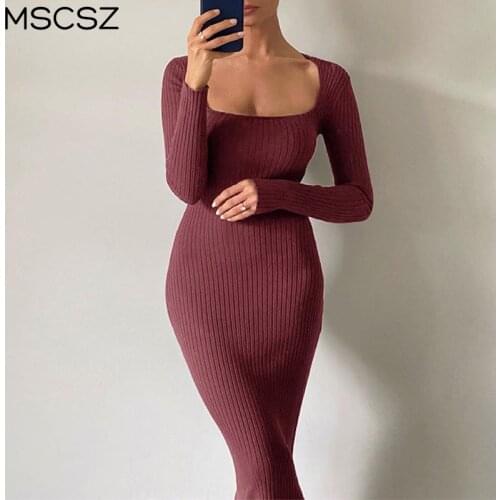 Ribbed Knitted Long Dress Women Square Neck Long Sleeve Bodycon Midi Dress Fashion Elegant Autumn Winter Dresses