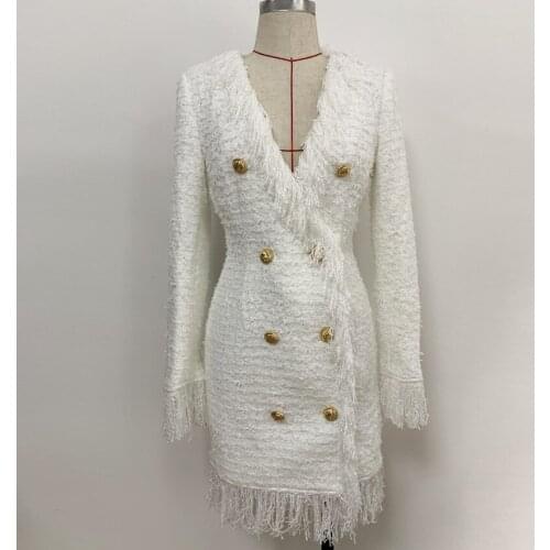 2021 Star New Deep V Double Roller Lion Head Buckle Fringe Fringe Bright Silk Wool High Quality Dress O77