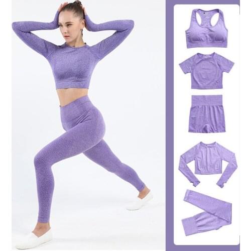 5Pcs Workout Sports Suit Seamless Yoga Set Women Long Sleeve Crop Top High Waist Legging Fitness Tracksuits Gym Clothing