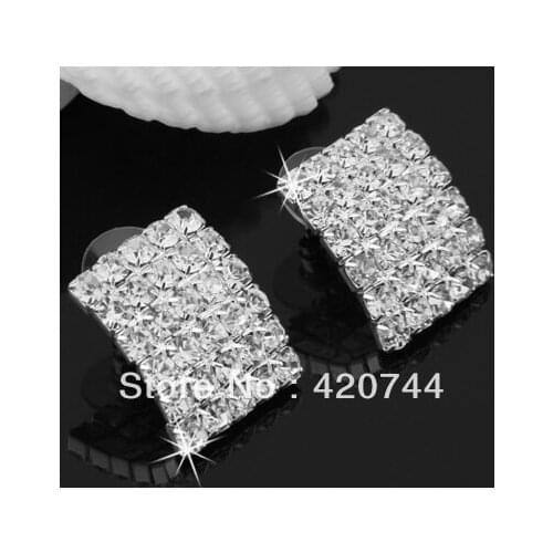 6pairs/Lot Silver Plated Curved Square Rhinestone Jewelry Stud Earrings Lady 0.95x0.75"
