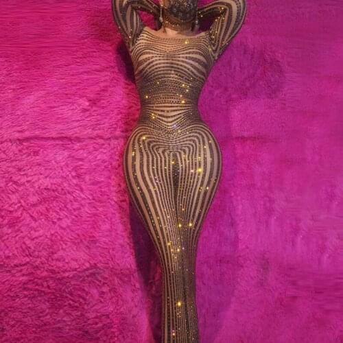 Sparkly black stripe Rhinestones Dress Prom Women sexy Dance sheer mesh Dresses Birthday Party night Celebrate festival outfit