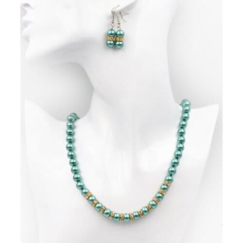 African Beads Jewelry Set for Women Necklace Earrings 8mm Glass Pearl Simulated Pearls Round Rhinestone Statement Set 18" A623