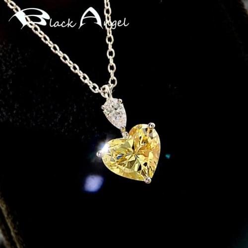 BLACK ANGEL 925 Silver Romantic Heart Shaped Citrine Fashion Pink White Gemstone Pendant Necklace for Women Wedding Jewelry Gift