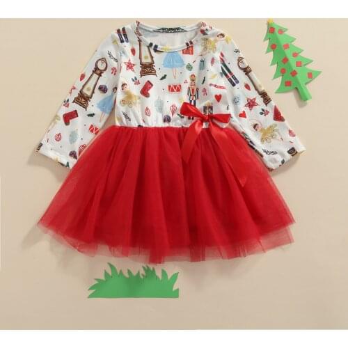 Baby Girls Dress For Newborn Christmas Clothes Toddler Kid XMAS Printed Patchwork Long Sleeve Tutu Dress Outfit