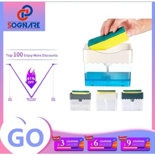 2-in-1 Soap Pump Dispenser Kitchen Hand Press Soap Organizer New Creative Cleaning Liquid Dispenser Container with Sponge Holder