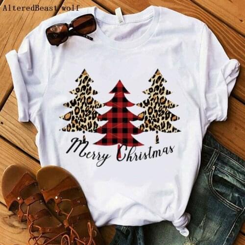 Merry Christmas tshirt Women plaid tree print white tops female Christmas T Shirt women summer vogue casual short sleeve clothes