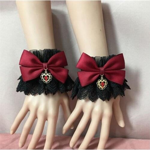 Sweet Lolita Hand Wrist Cuffs Bowknot Lace Trim Maid Cosplay Accessories For Women Girl D686