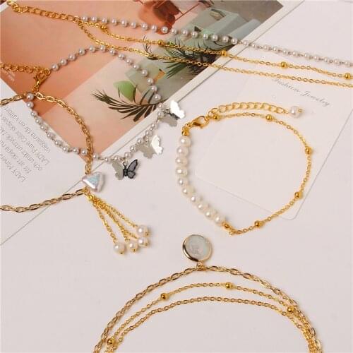 Fashion White Pearl Anklet Gold Color Pearl Chain Bracelets Pearls Foot Bangles Adjustment Buckle Women Female Jewelry Gifts