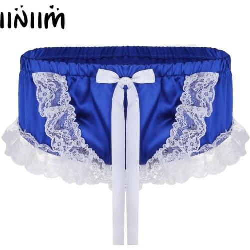 Gay Mens Underwear Lingerie Night Gay Panties Shiny Soft Satin Ruffled Lace Floral Cute Bowknot Briefs Men Underwear Underpants