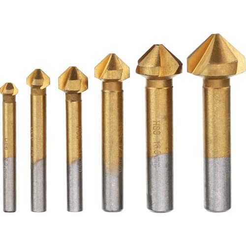 6Pcs HSS 3 Flute Countersink Drill Bit Set 6.3mm-20.5mm 90 Degree Wood Steel Chamfer Cutter DIY Power Tools