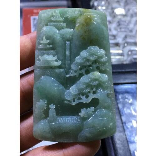 Natural Myanmar jade 7A HandCarved landscape waterfall jadeite green jade pendant jade necklace pendants jewelry jade necklaces