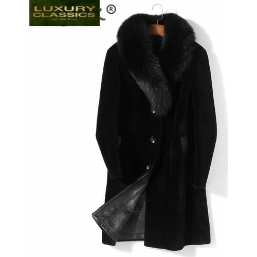Real Fur Coat Natural Men Clothes 2021 Winter Sheep Shearling Coat Large Fox Fur Collar Thick Warm Overcoat Hiver PM8516Z