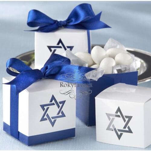 FREE SHIPPING 70PCS Star of David Favor Boxes Wedding Favor Baby Shower Birthday Party Event Sweet Package with RIBBONS