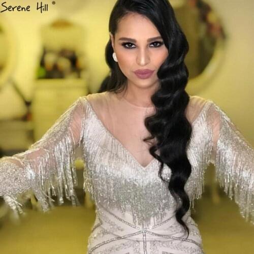 Luxury Dubai Style Silver Sexy Evening Dresses 2021 Long Sleeves Beading Tassel Evening Dress Long Real Photo LA60716