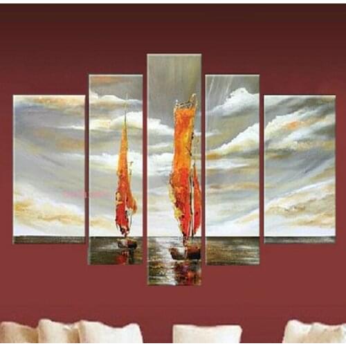 Handmade 5Pcs Modern Sailing Picture On Canvas Abstract Oil Painting For Living Room Wall Art Landscape Pictures Sea Painting