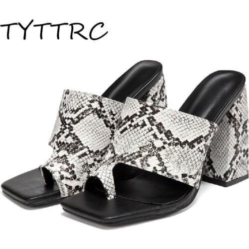 Newest Womens High Heel Thong Toe Snakeskin Square Toe Casual Shoes Outside Summer Lady Beach Slides Sexy Fashion Sandal Sliper