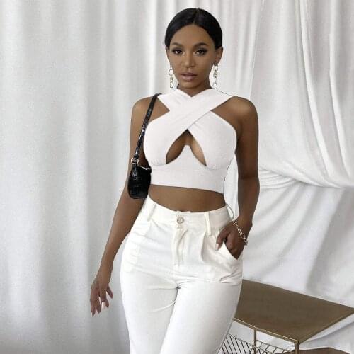 Sexy Cropped Top Women Summer White Black Tank Top Bandage Sleeveless Tops For Evening Party Clubwear Solid Color Vest Tunic