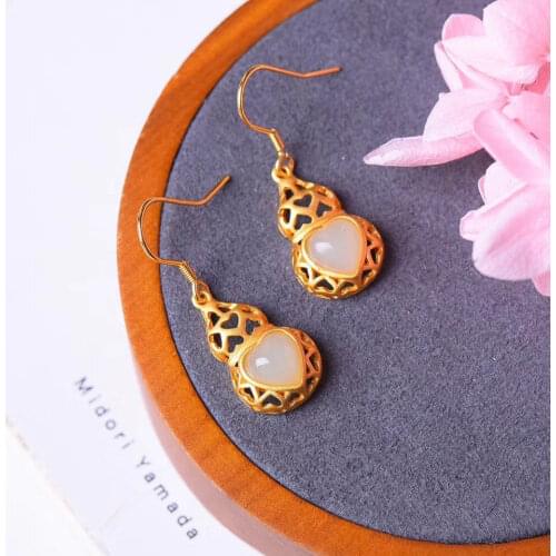Natural Hetian Jade White Jade Hollow Gourd Heart-Shaped Earrings Inlaid S925 Sterling Silver Ancient Gold New Chinese Style Ear