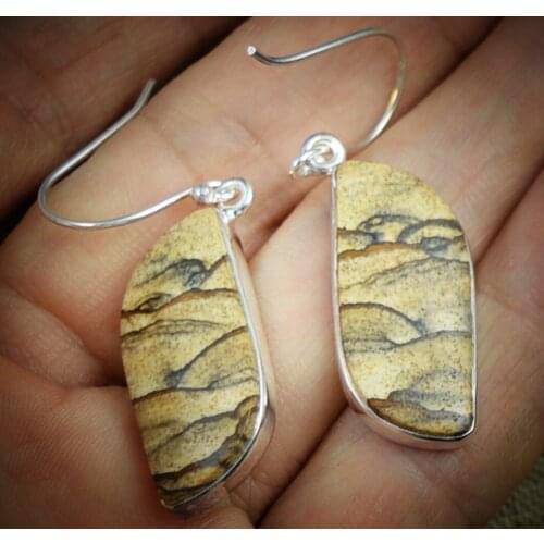 LoveGem Genuine Picture Jasper EARRINGS 925 Sterling Silver, 44 mm, AE1373