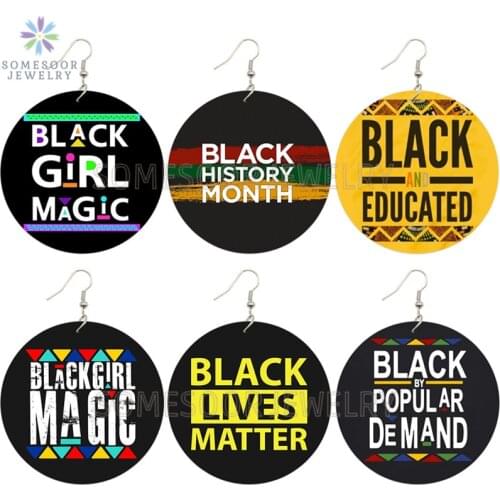 SOMESOOR African Black Girl Magic Wooden Drop Earrings Afro Popular Demand Power Words Photos Wood Jewelry For Women Gifts