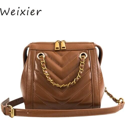 WEIXIER PU Leather Messenger Bags Vintage Chain Women bags Leather Women Tote Shoulder Bags Sac A Main High Quality AL-60