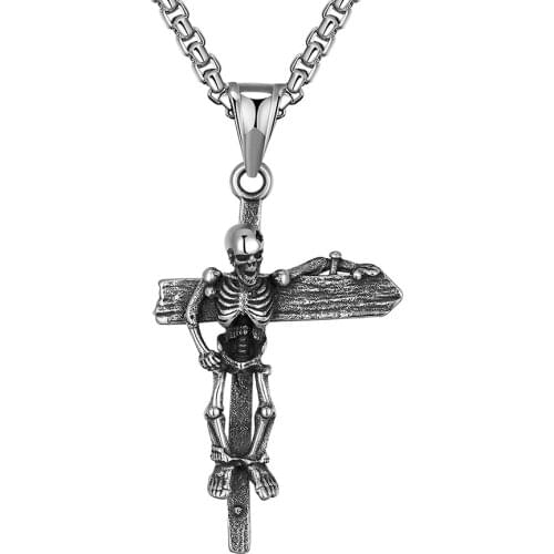 Stainless Steel Vintage Skull Cross Pendant Necklace Halloween Days Jewelry Gift For Him with Chain