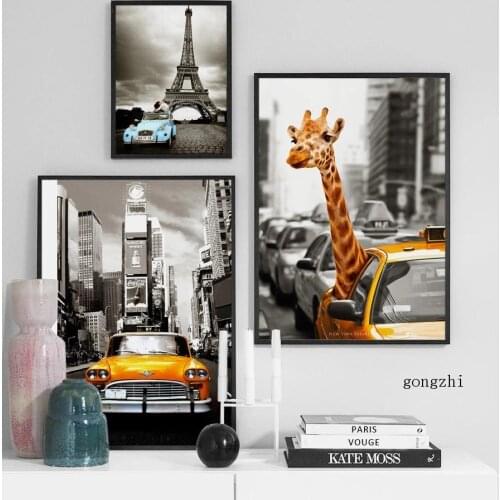 Vintage Car Girafe Paris New York Landscape Nordic Posters Canvas Painting and Prints Wall Art Pictures for Living Room Decor