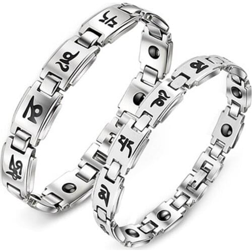 Healthy Jewelry Stainless Steel Chain Couple Bracelet with Magnets Buddhism Mantra Amulet Om Mani Padme Hum Bracelet
